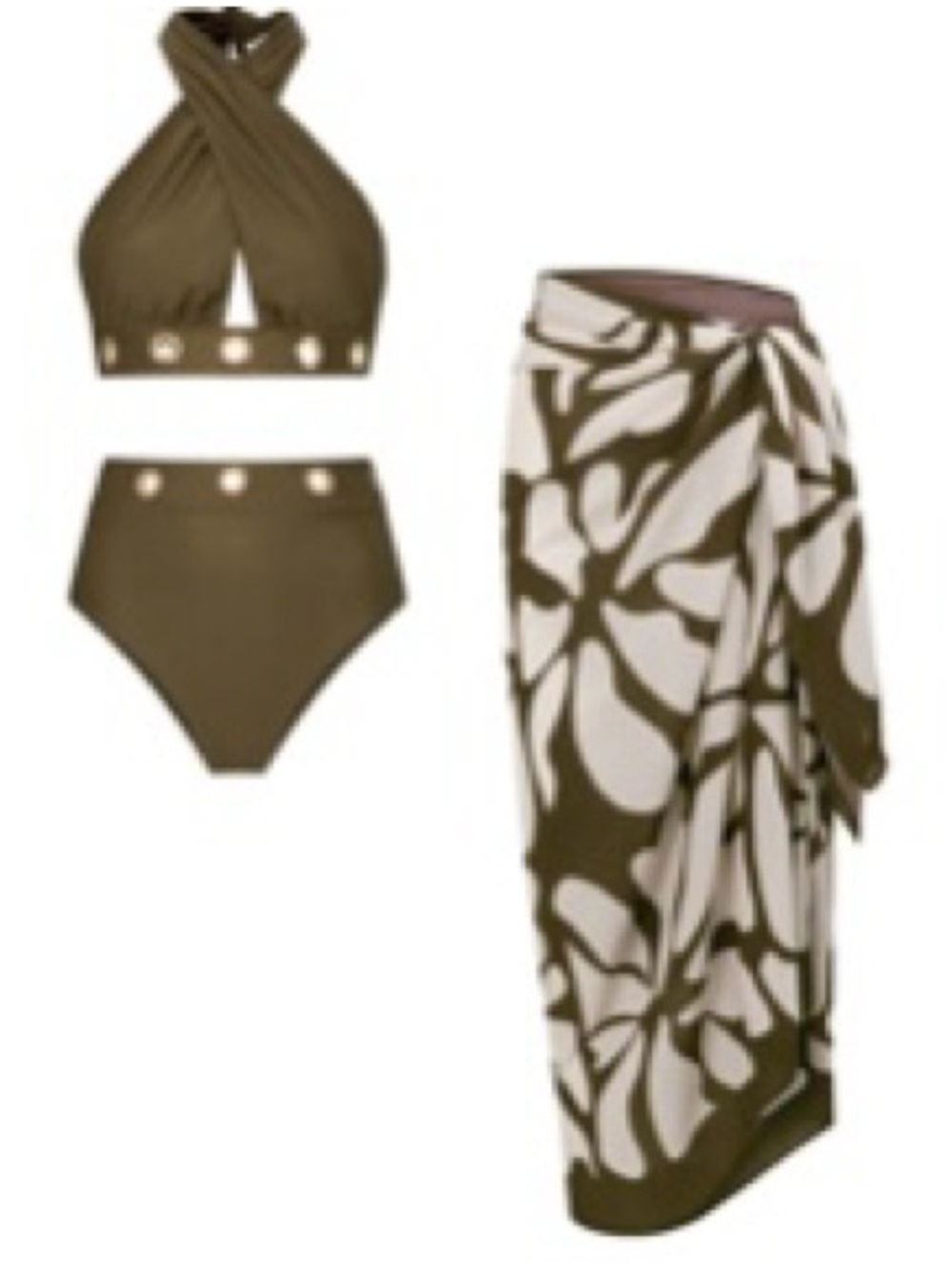 Olive High-Waist Bikini Set with Matching Sarong - Women's Swim